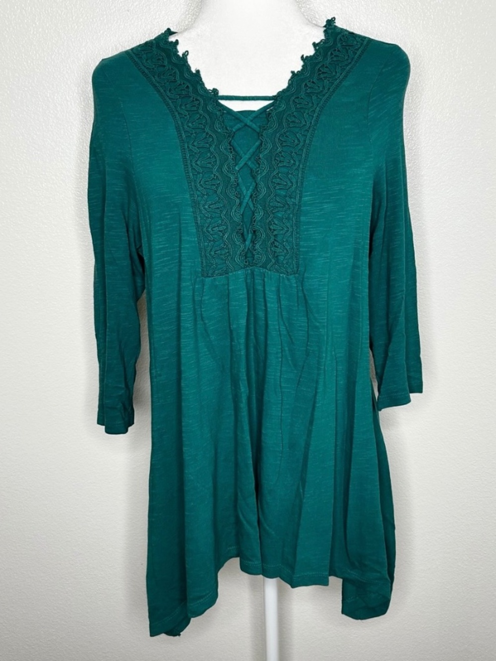 Chicos Womens Green Crochet Knit Tunic Top 3/4 Sleeve Size 1/ M EUC